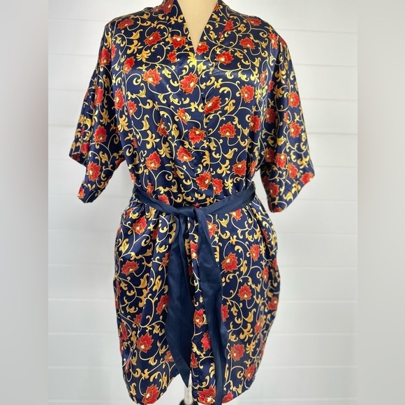 Vintage Fredericks of Hollywood Navy Blue Gold red Floral Satin short Robe Sz L - Picture 3 of 8